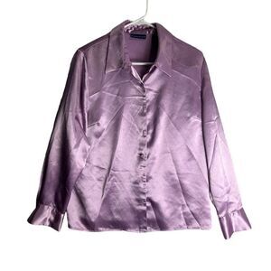 Karen Scott Women's Satin Blouse Lavender Purple Size L Long‎ Sleeve Collared